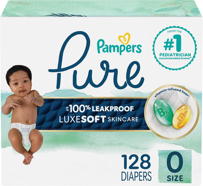 Pampers Pure Protection Baby Diapers, Size 0 (10 lbs ), 128 Count, Up to 100% Leakproof, Premium