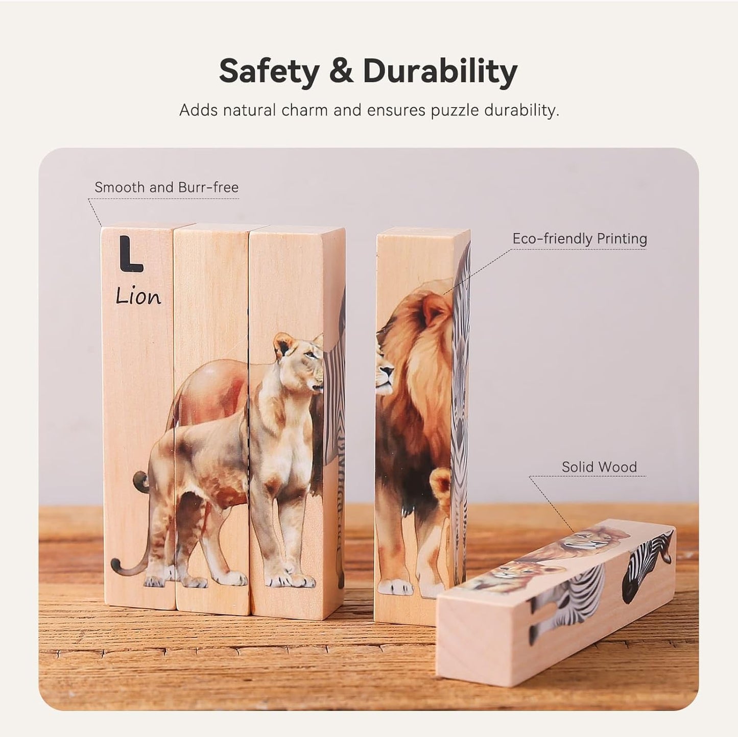 IEATFO 4 in 1 Wooden Animal Chunky Puzzle, 5 Solid Wood Puzzle Blocks with 4 Sides Realistic Safari