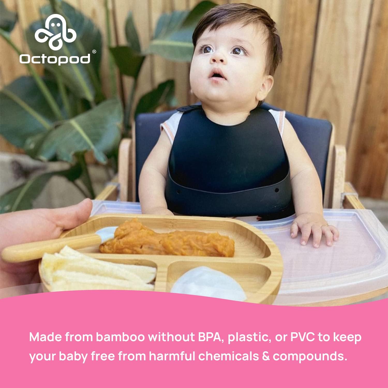 Abiie Octopod Bamboo Dish - Kids Plates for 4 months and up, 3-Compartment Baby Plates with