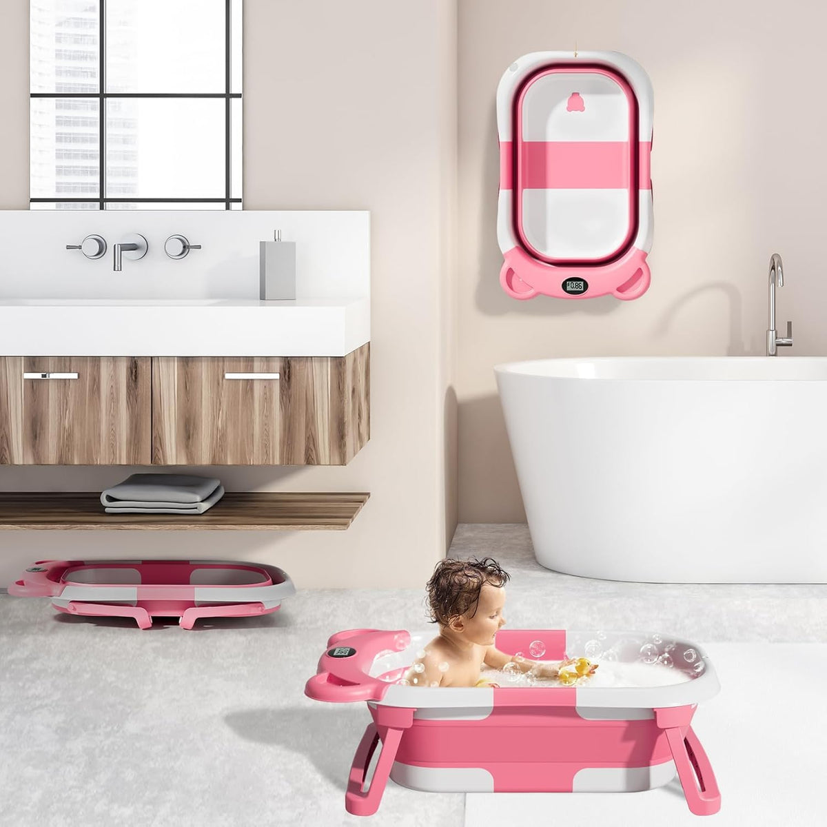 MoreFeel Collapsible Baby Bathtub for Newborn with Thermometer & 1 Hooded Towel & 1 Soft Floating