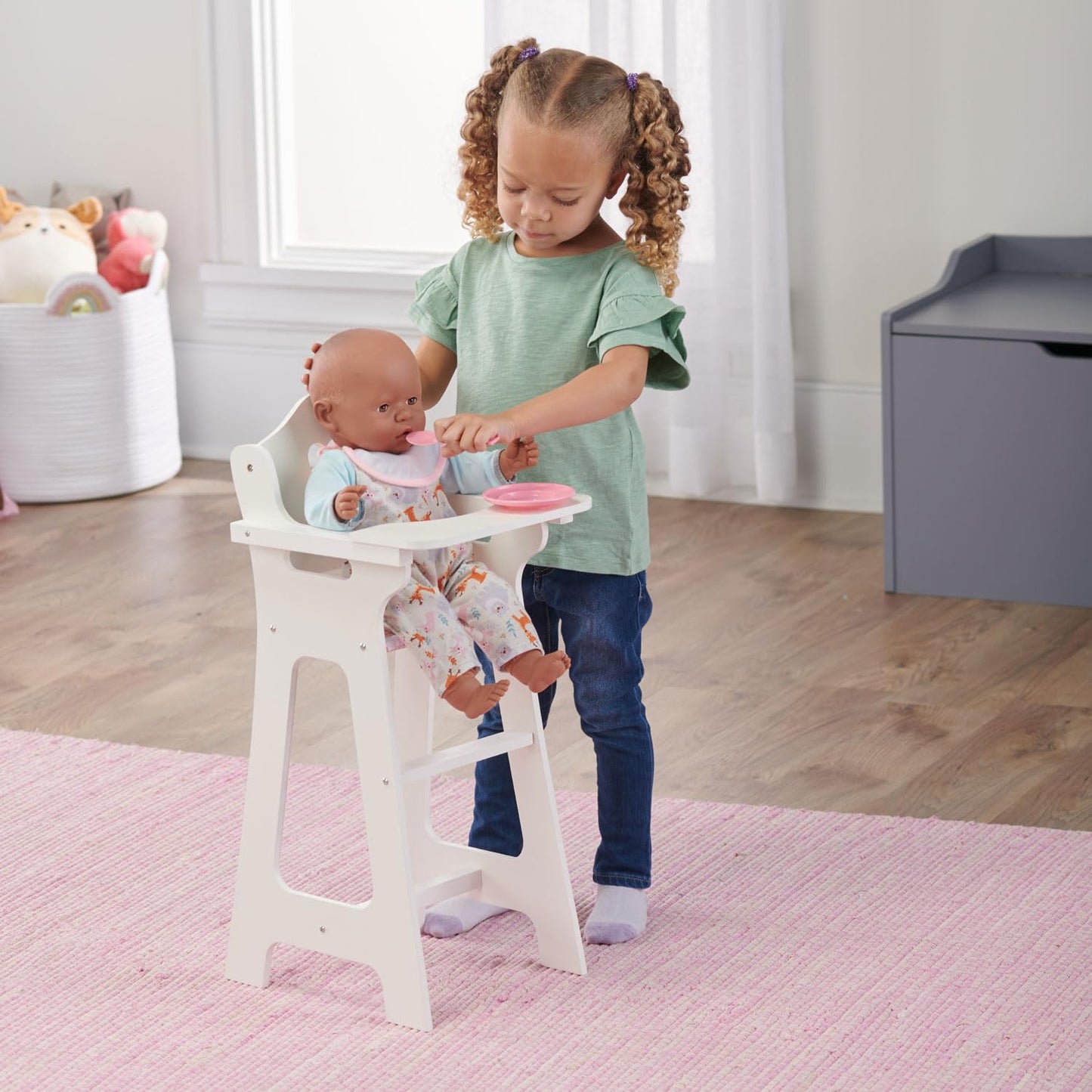 Badger Basket Wooden Baby Doll High Chair with Tray & Bib - White/Pink