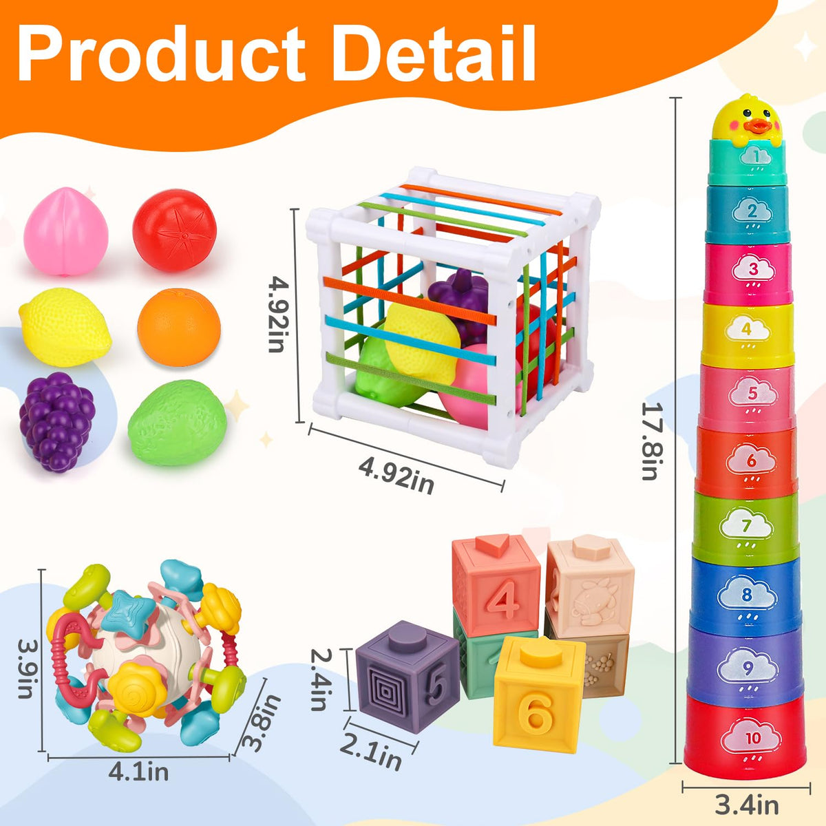 Qirptey Montessori Baby Toy,Stacking Cups Blocks Sensory Bin Teething Toys