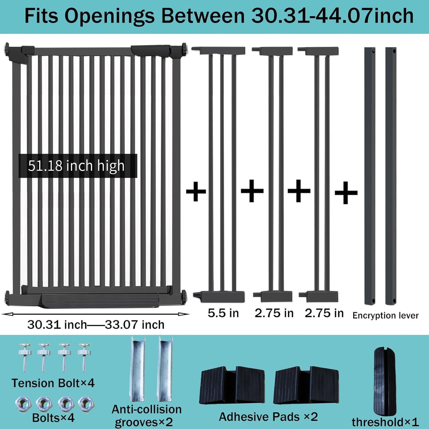 51 Inch Extra Tall Baby Gate Auto Close Cat Gate Adjustable 29.92"-43" Wide Pressure Mounted Pet