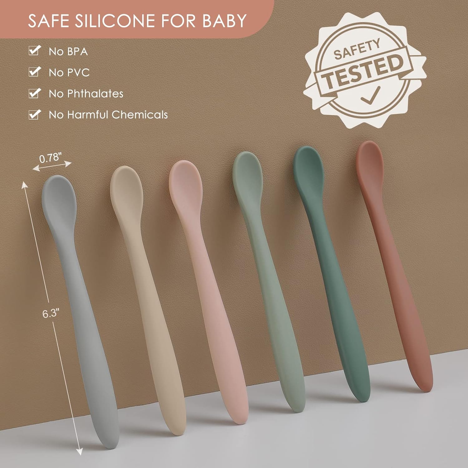 6-Piece Silicone Baby Feeding Spoons, First Stage Infant Spoons, Soft-Tip Easy on Gums I Baby
