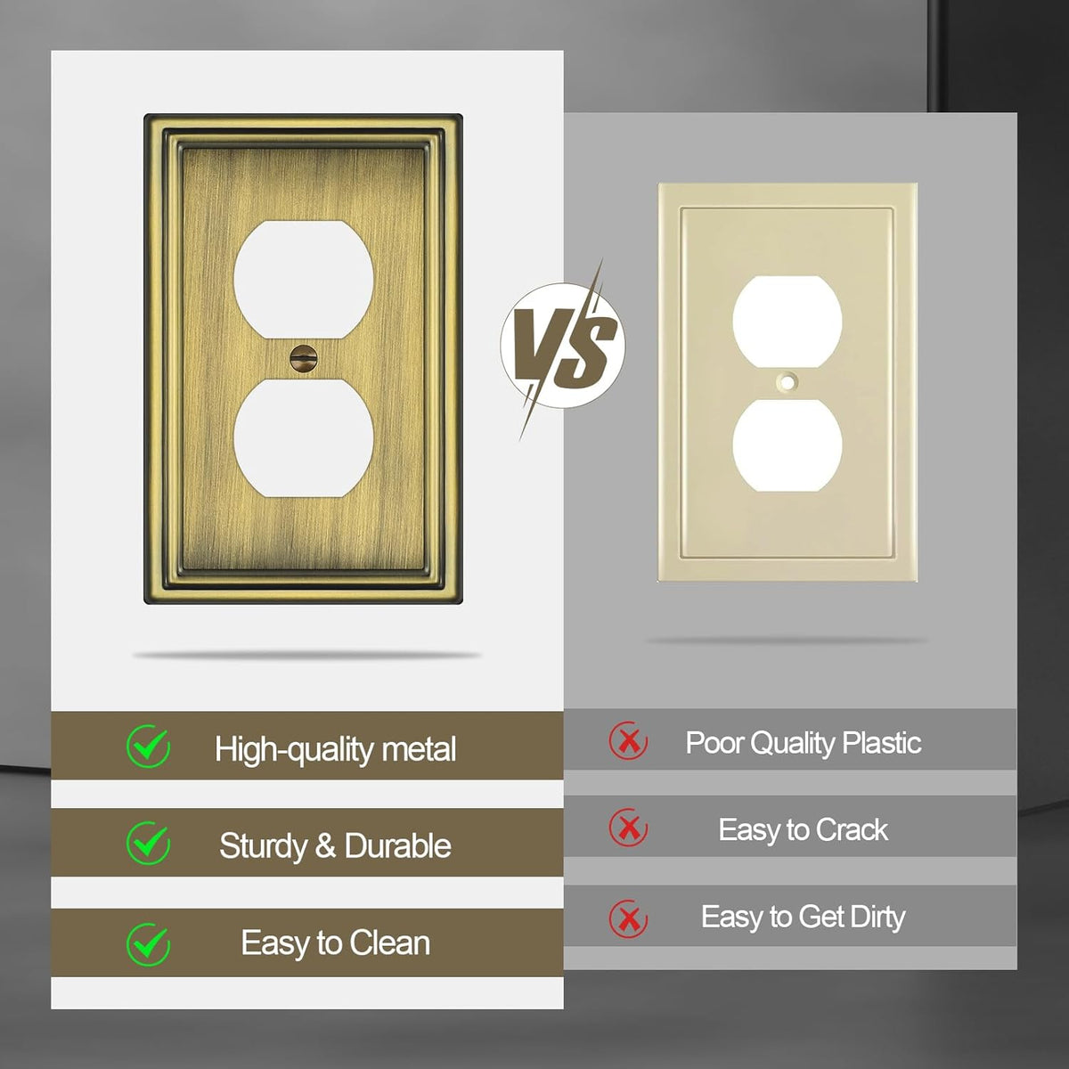 6 Pack Duplex Outlet Covers Wall Plates, Antique Brass Metal Electric Receptacle Cover, Classic
