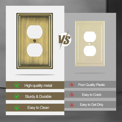6 Pack Duplex Outlet Covers Wall Plates, Antique Brass Metal Electric Receptacle Cover, Classic