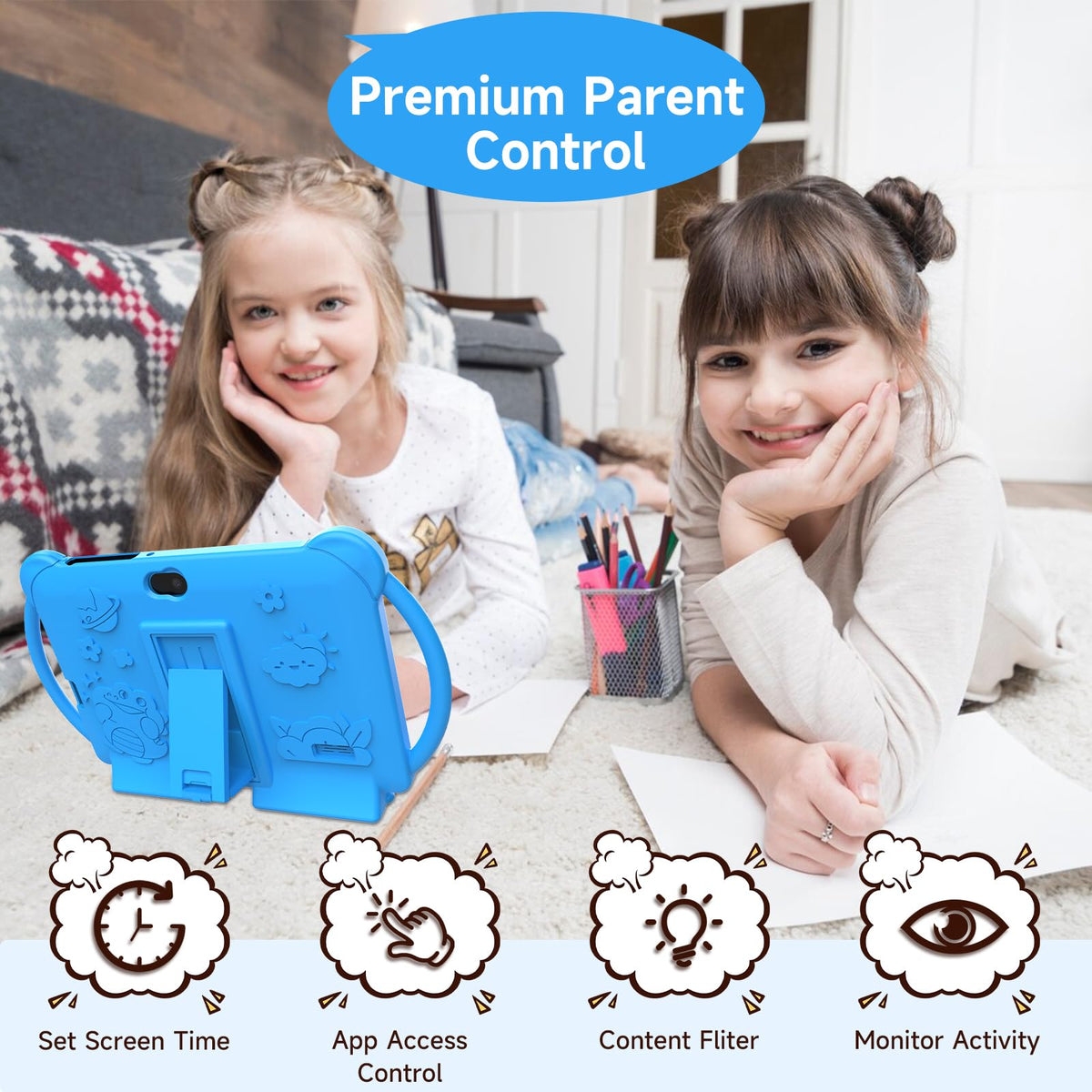 PEICHENG Kids Tablet 7 inch Android 12.0 for Toddler, 4GB RAM 32GB ROM Bluetooth IPS Screen