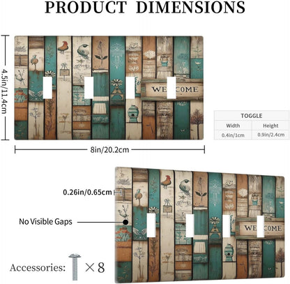 Light Switch Covers Vintage Wood Brown Turquoise Splicing Quad Toggle Electrical Faceplate 4 Gang