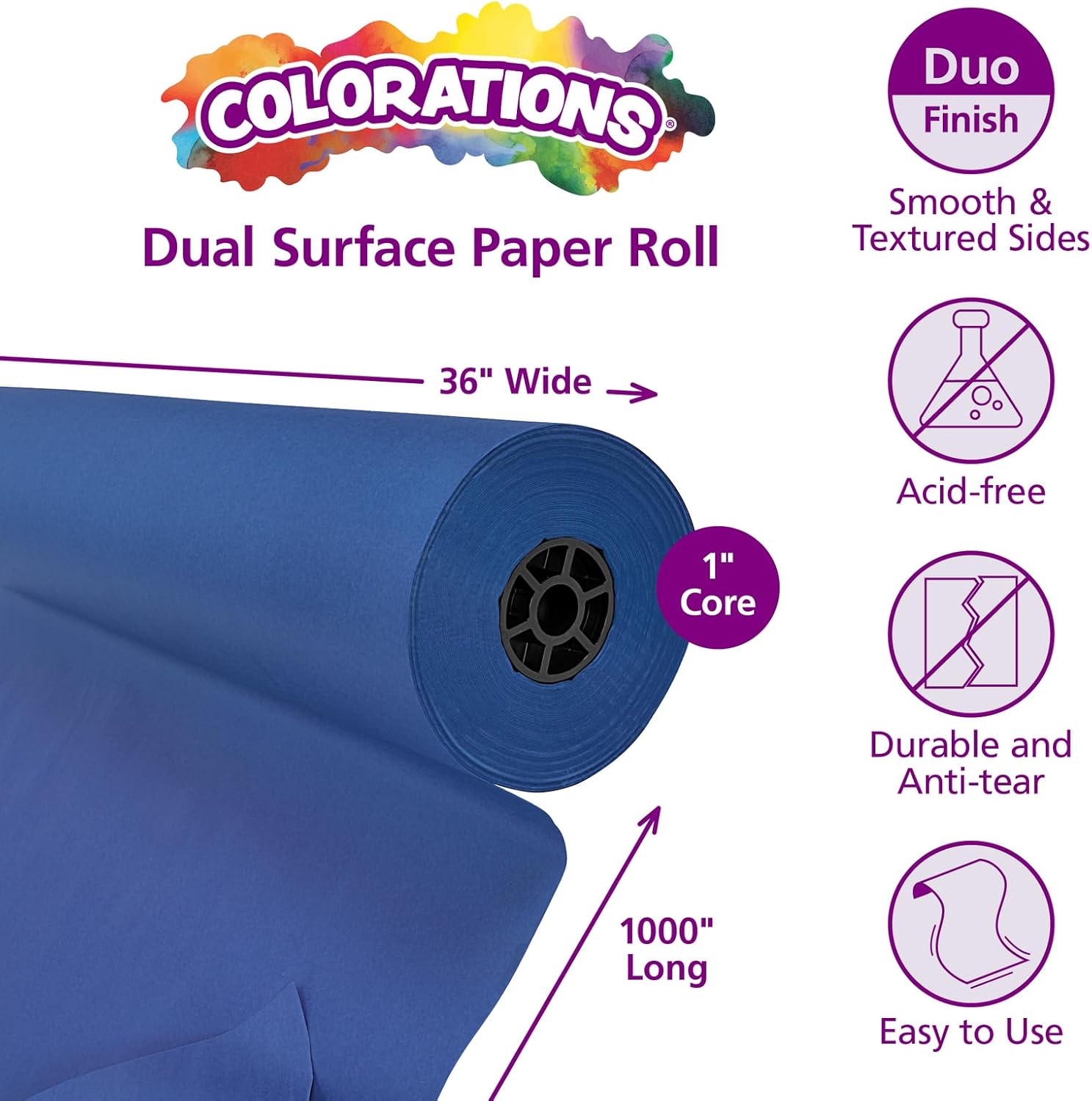 Colorations Arts and Crafts Paper Roll - 36" x 1000', Dark Blue , Dual Surface, Markers, Finger