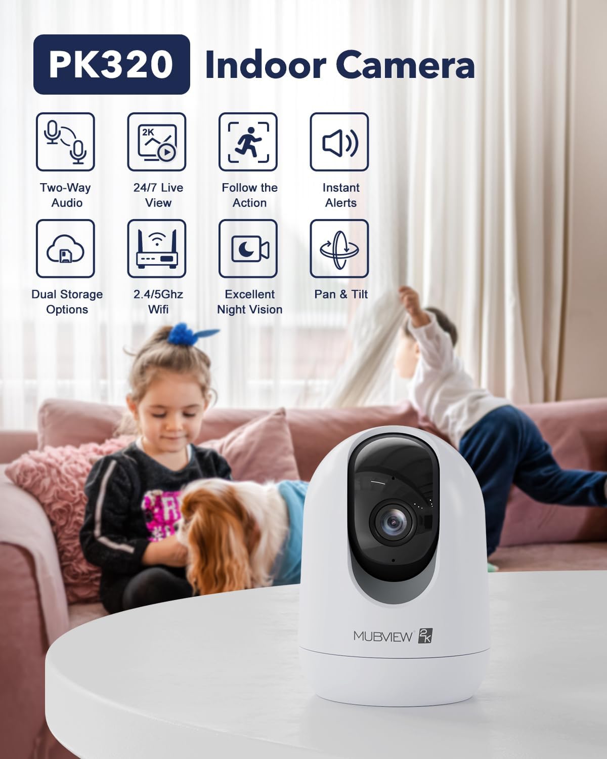 MUBVIEW Cameras for Home Security, Indoor Security Camera, 2.4/5GHz WiFi Wired Camera Ideal for