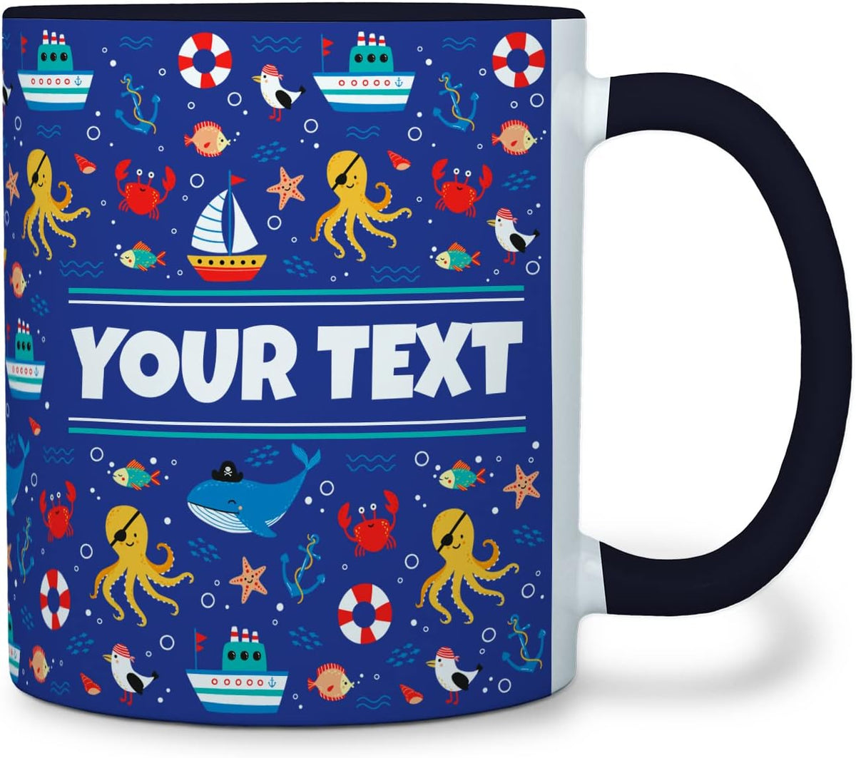 Personalized Mug for Kids - Nautical - Custom Name/Text, Ceramic Hot Chocolate/Cocoa/Coffee Cup for