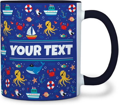 Personalized Mug for Kids - Nautical - Custom Name/Text, Ceramic Hot Chocolate/Cocoa/Coffee Cup for