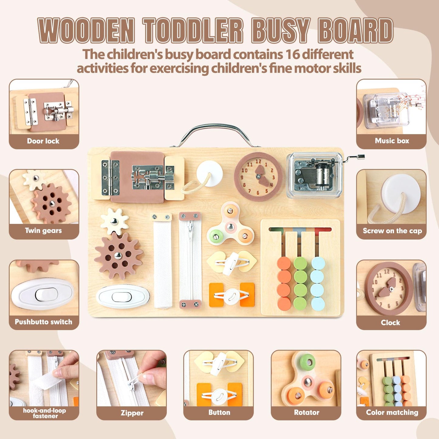 Hoarosall Montessori Busy Board for Toddlers 16-in-1 Wooden Sensory Activity Board with Music Box