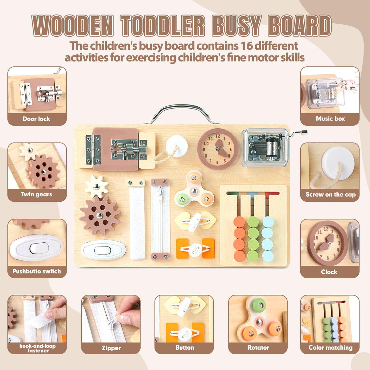 Hoarosall Montessori Busy Board for Toddlers 16-in-1 Wooden Sensory Activity Board with Music Box