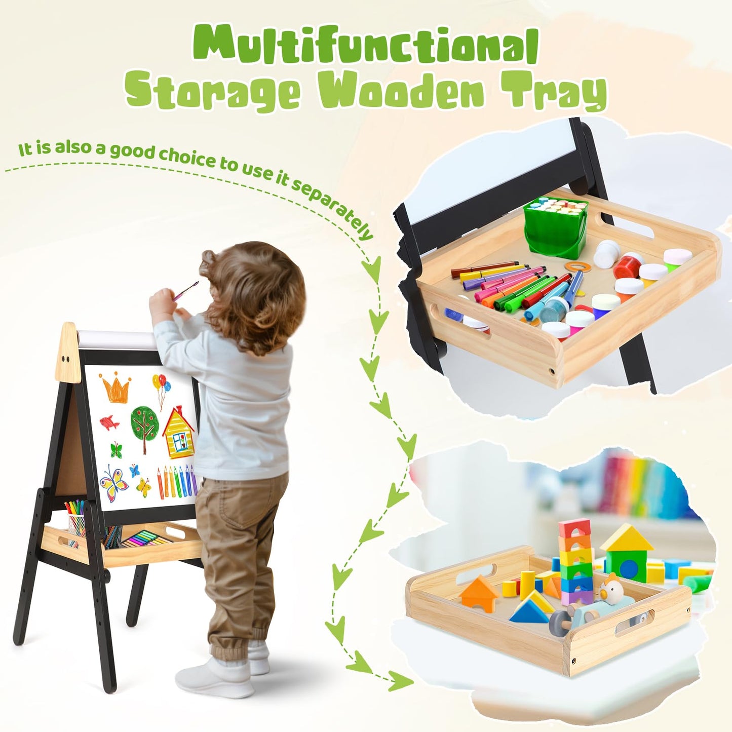 3 in 1 Easel for Little Kids with Wood Tray, Double Sided Wooden Easel with Paper Roll, Magnetic