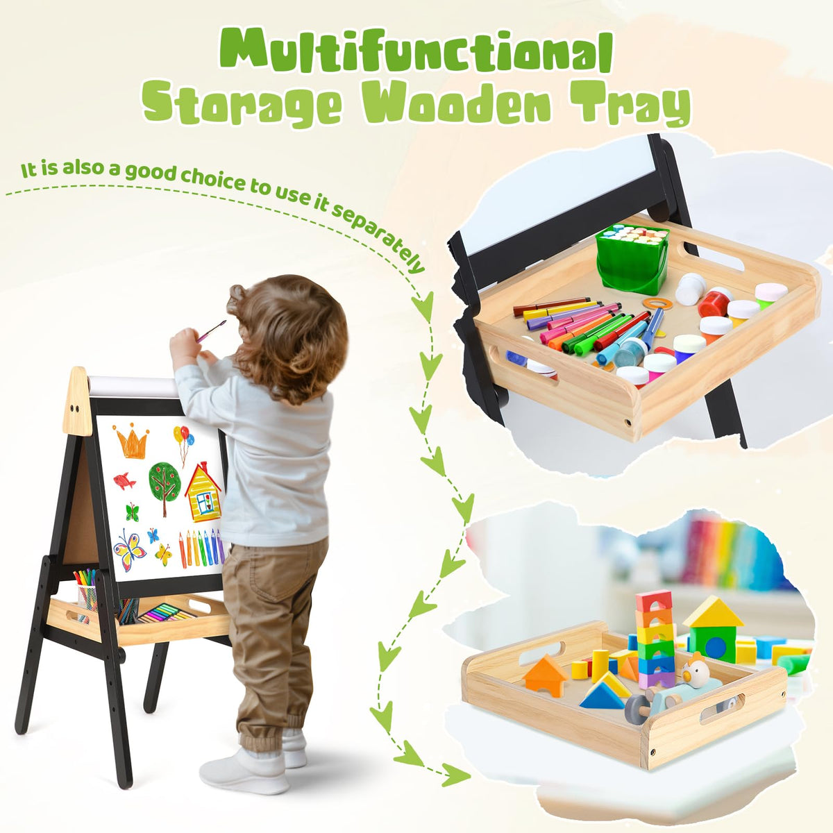 3 in 1 Easel for Little Kids with Wood Tray, Double Sided Wooden Easel with Paper Roll, Magnetic