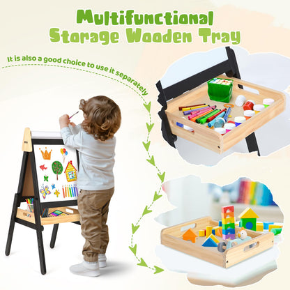 3 in 1 Easel for Little Kids with Wood Tray, Double Sided Wooden Easel with Paper Roll, Magnetic