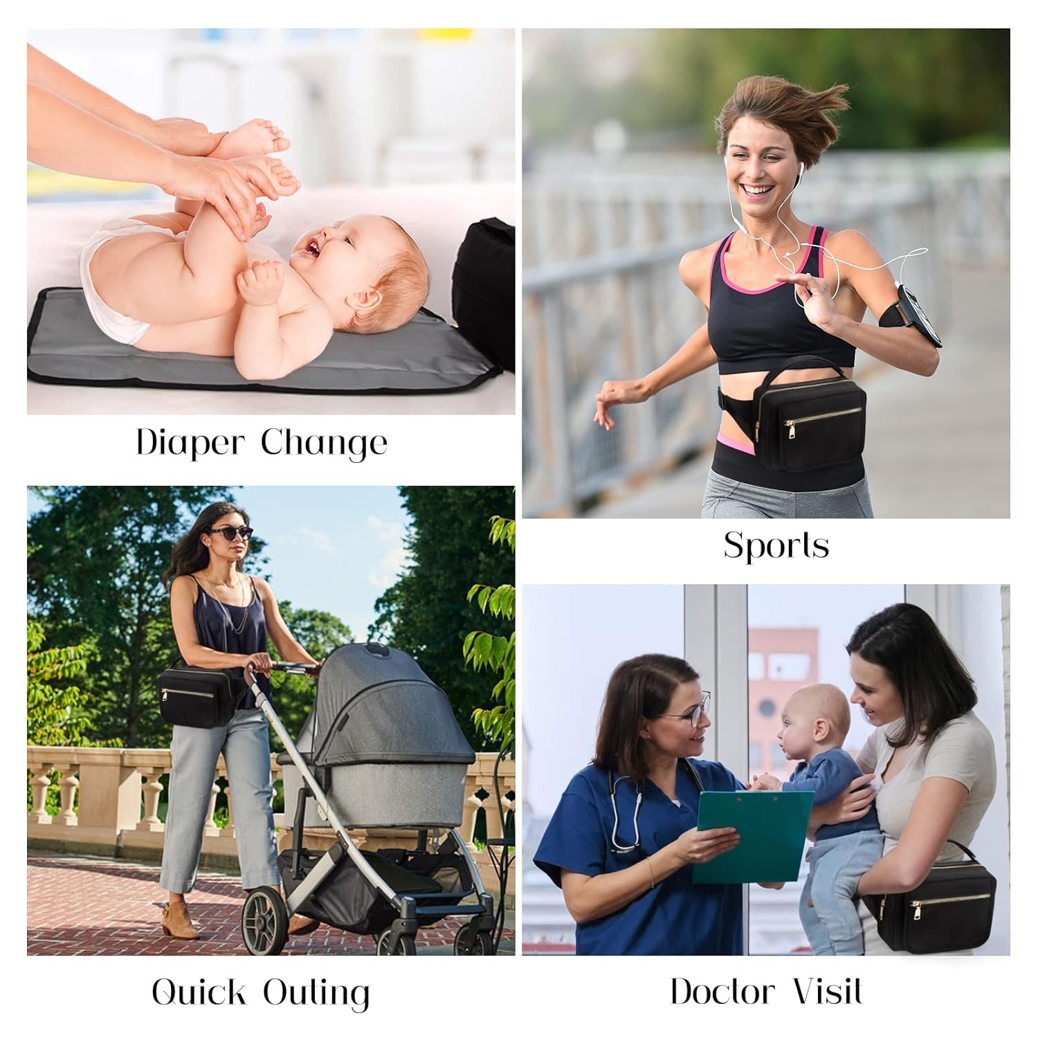 printe Small Diaper Bag with Portable Changing Pad, Crossbody Women Waist Bag with Wipes Pocket for