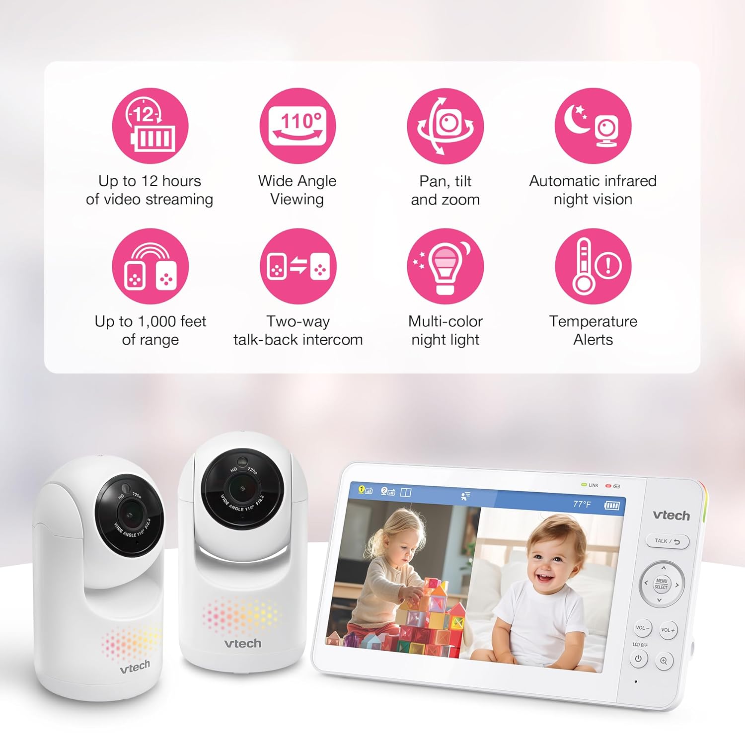 VTech Advanced HQ Max Twin 7" Digital Video 2-Cameras Baby Monitor with Pan Tilt Zoom, Long Battery