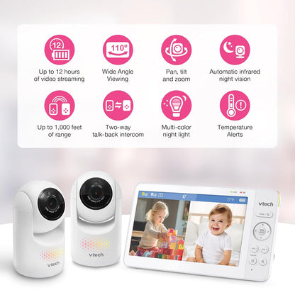 VTech Advanced HQ Max Twin 7" Digital Video 2-Cameras Baby Monitor with Pan Tilt Zoom, Long Battery