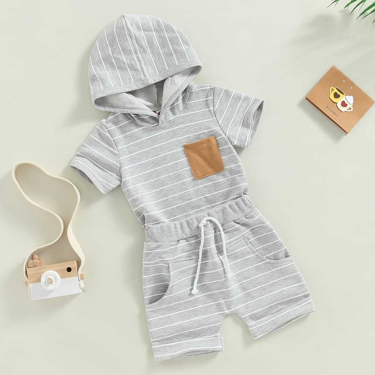 Toddler Baby Boy Summer Hooded Outfit Contrast Color Short Sleeve T Shirt Top Elastic Shorts Summer