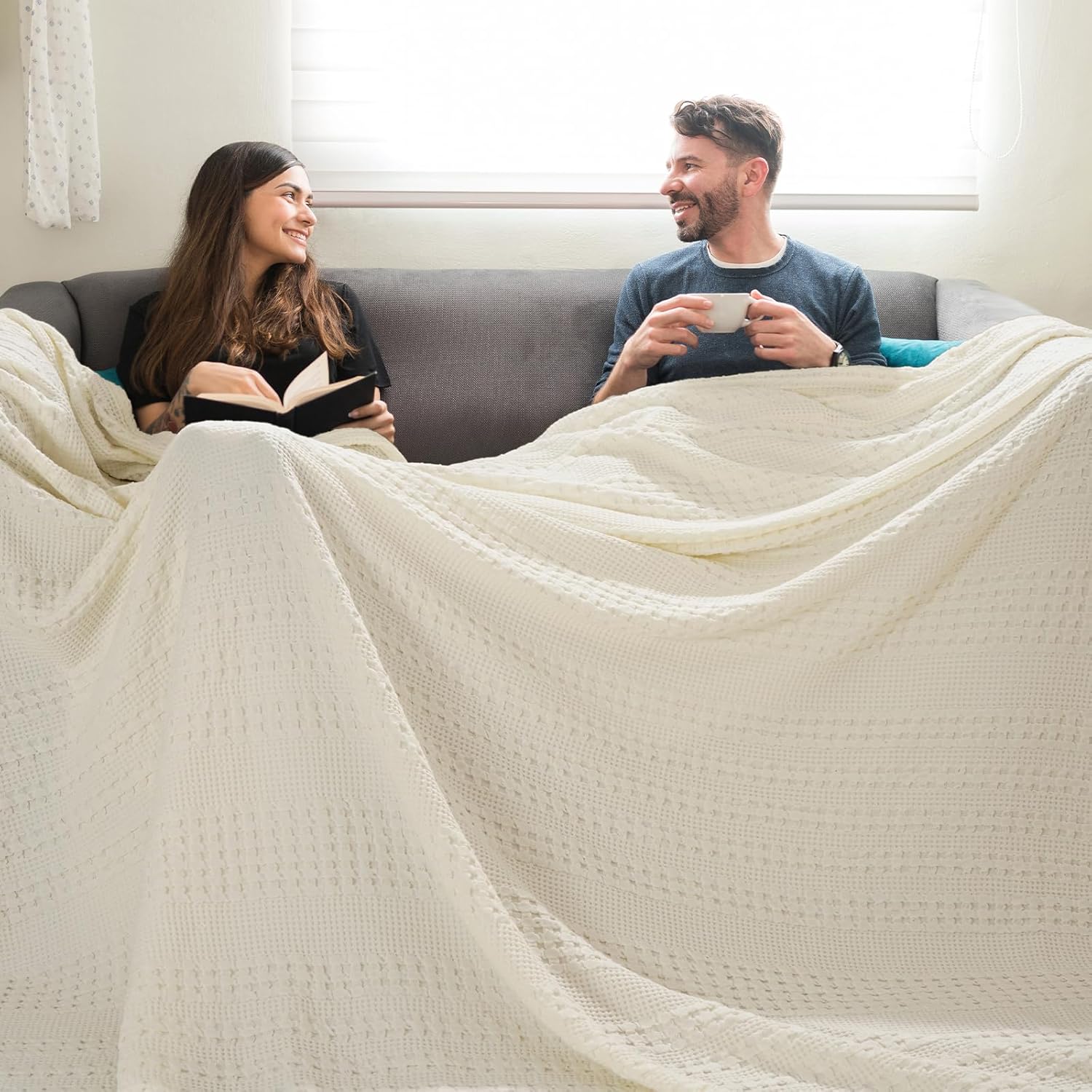 PHF 100% Cotton Waffle Blanket Oversized King 120"x120", Lightweight Breathable Extra Large 10'x10'