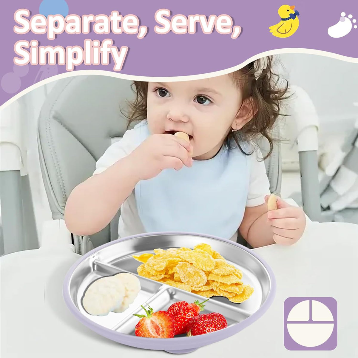 Stainless Steel Suction Plates for Toddlers, 9" Divided Kids Baby Plates with Removable Silicone