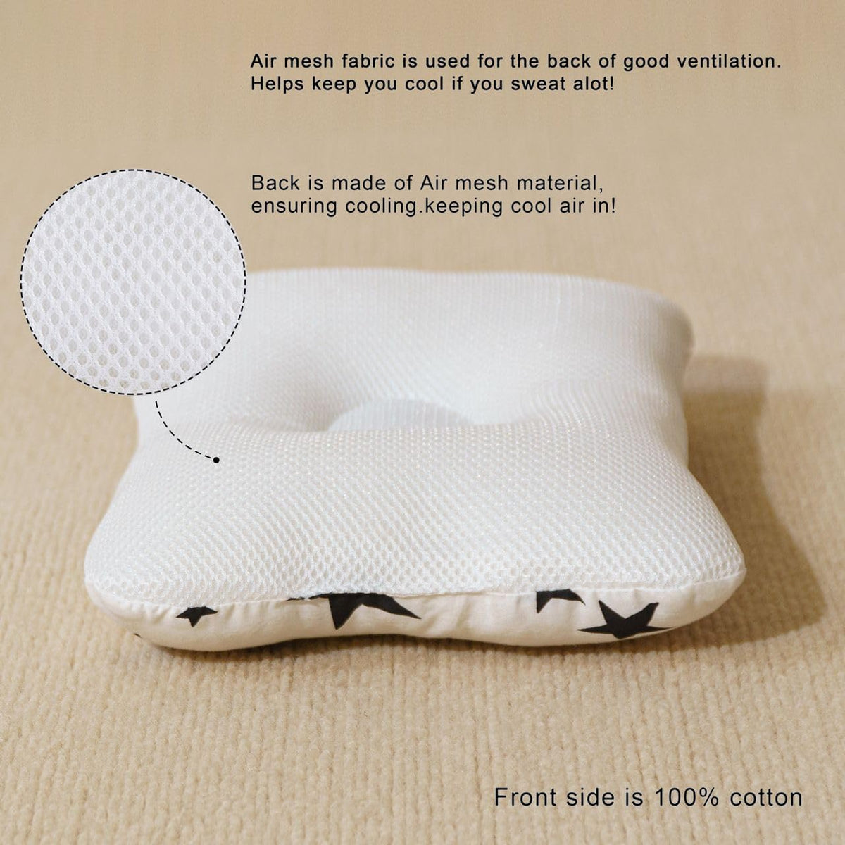 Unisex Pillow 13x9x2, Hypoallergenic Airmesh Breathable Cool 100% Cotton, Control Sweat, Ideal for