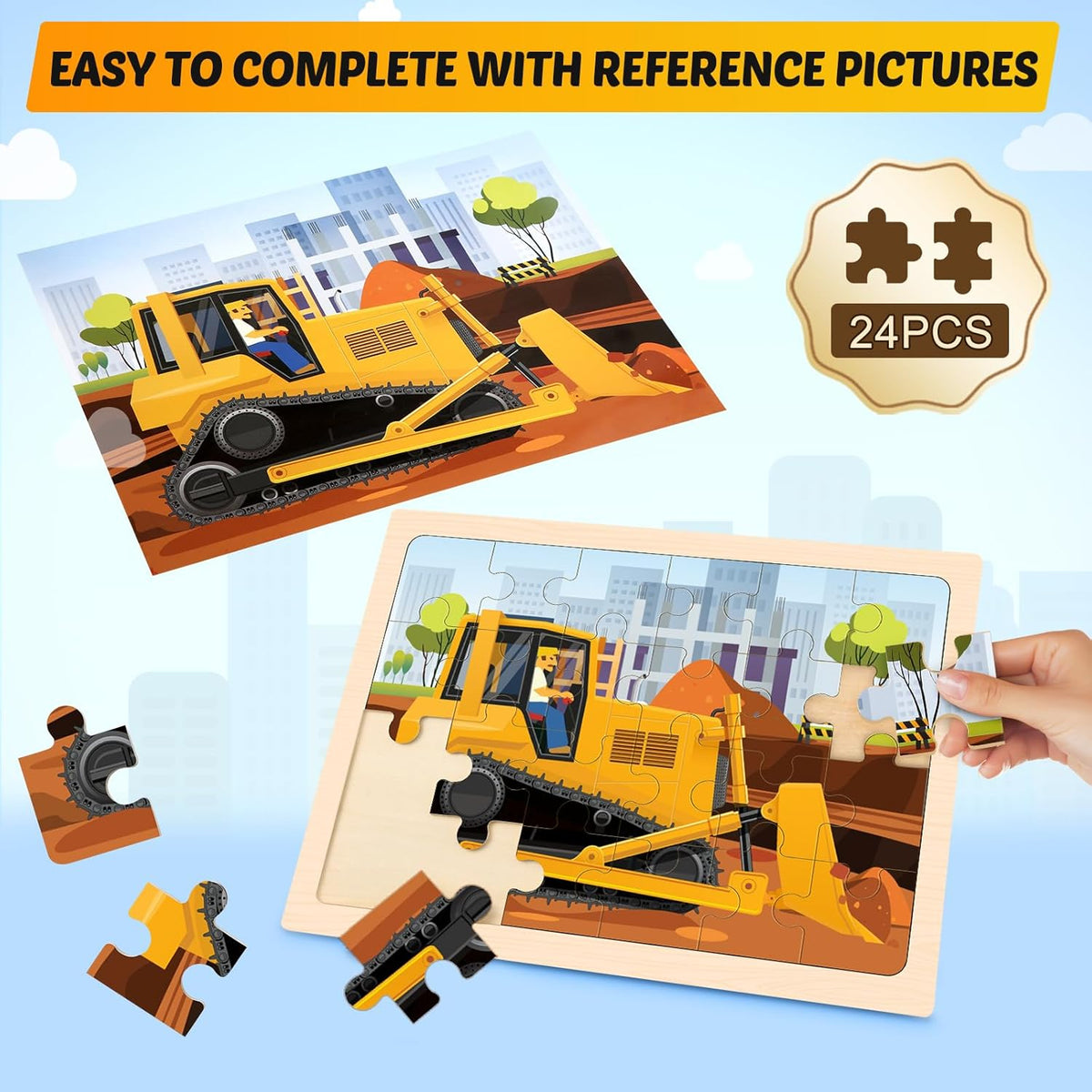 Wooden Puzzles for Kids Ages 4-6, 4 Packs 24 PCS Construction Vehicle Jigsaw Puzzles for Kids Ages