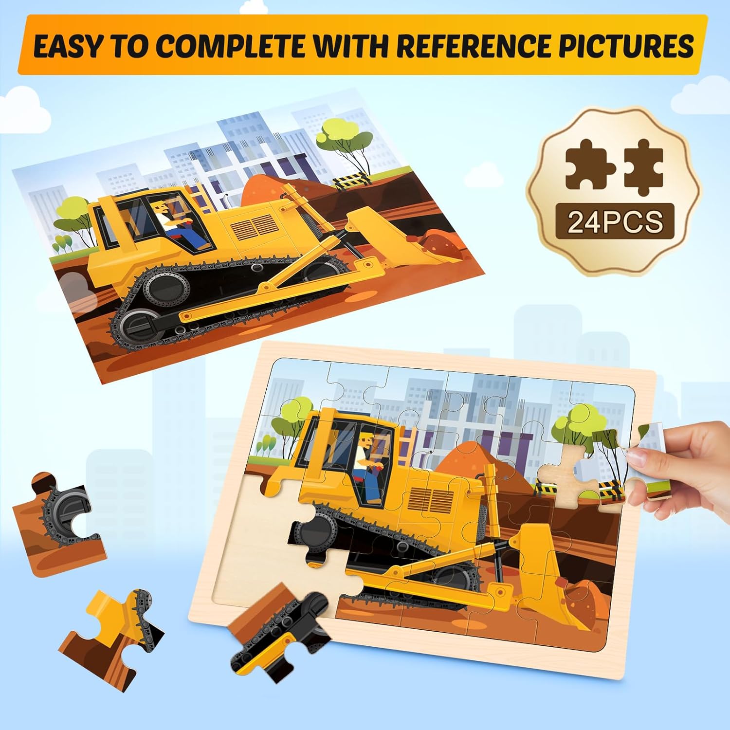 Wooden Puzzles for Kids Ages 4-6, 4 Packs 24 PCS Construction Vehicle Jigsaw Puzzles for Kids Ages