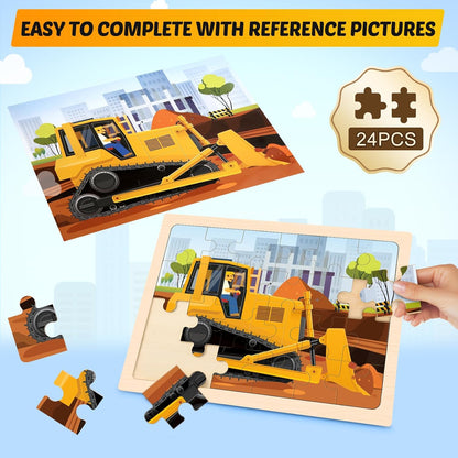 Wooden Puzzles for Kids Ages 4-6, 4 Packs 24 PCS Construction Vehicle Jigsaw Puzzles for Kids Ages