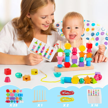 Montessori Wooden Beads Sequencing Toy Set, Stacking Blocks & Lacing Beads & Matching Shape