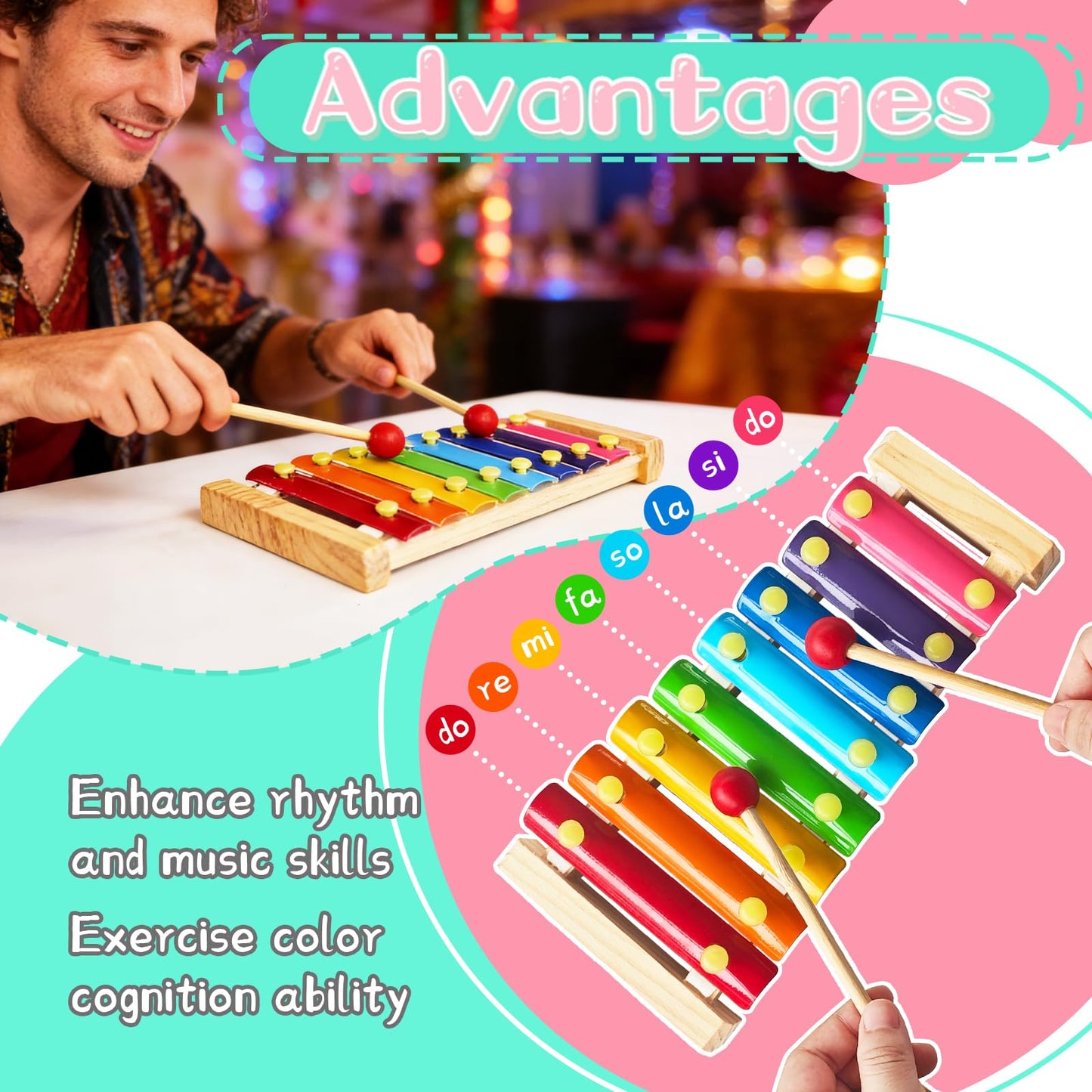 2 Pcs Wooden Xylophone for Kids,Xylophone Educational Musical Toy with 2 Child Mallets 8 Diatonic