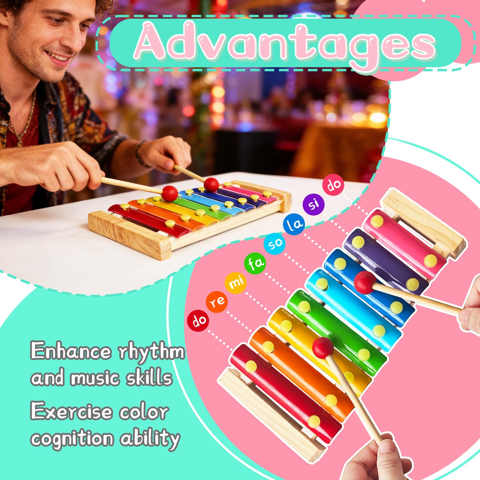 2 Pcs Wooden Xylophone for Kids,Xylophone Educational Musical Toy with 2 Child Mallets 8 Diatonic