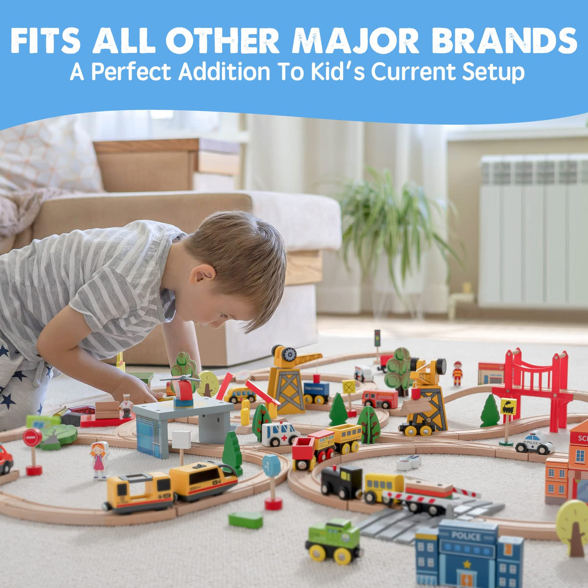 Tiny Land 55PCS Wooden Train Set, Durable Wooden Railway Tracks