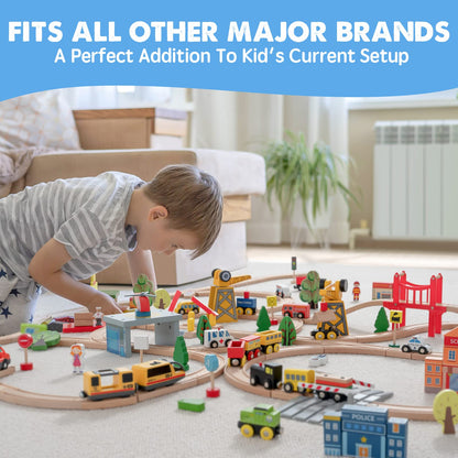 Tiny Land 55PCS Wooden Train Set, Durable Wooden Railway Tracks