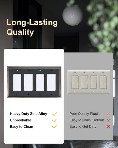 2-Pack Quad Decorator Outlet Cover Plate, Zinc Alloy Decorative Aged Bronze Switch Plates and