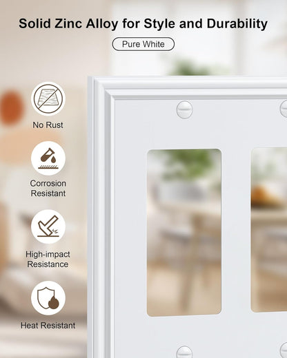 2-Pack Decorative Double Decorator Outlet Cover Plate, Durable Zinc Alloy Pure White Wall Plates