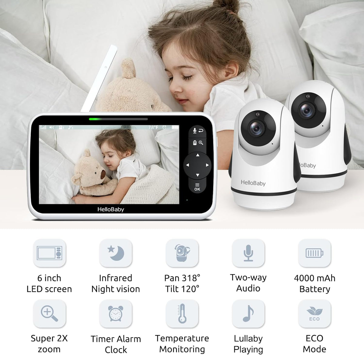 HelloBaby Video Baby Monitor with Upgraded 6” IPS Large Screen, Split Screen with 2 Cameras, Night
