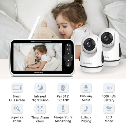 HelloBaby Video Baby Monitor with Upgraded 6” IPS Large Screen, Split Screen with 2 Cameras, Night