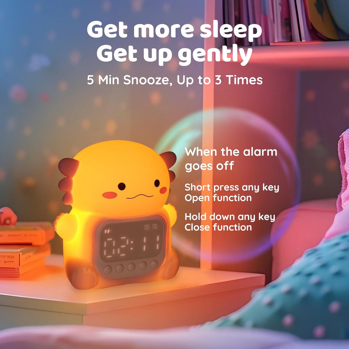 Axolotl Alarm Clock with Night Light for Kids, Rechargeable Silicone Lamp Time to Wake Clock，Cute