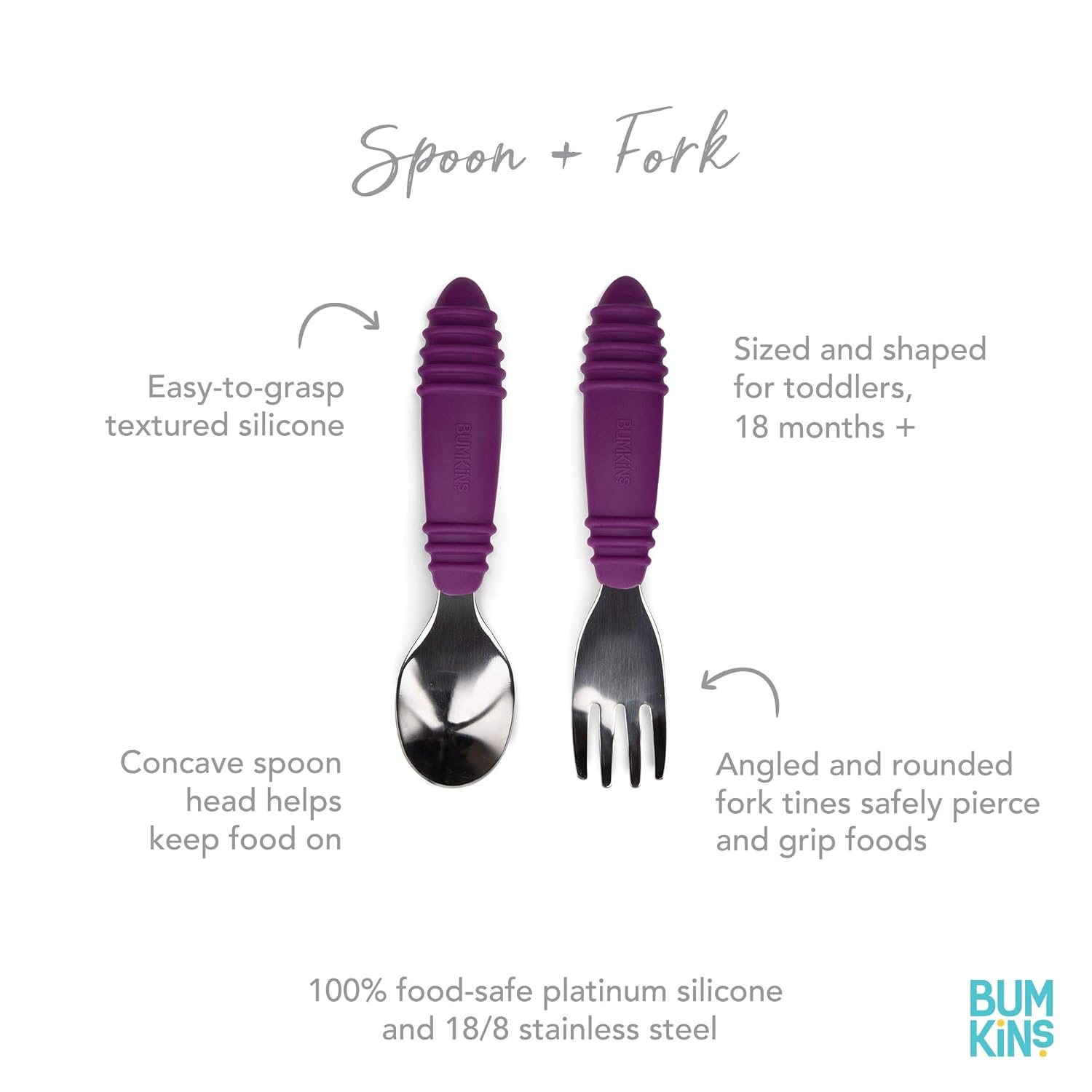 Bumkins Toddler Utensils, Kids Size Fork and Spoon Set, Silicone and Stainless-Steel Training