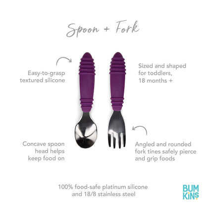 Bumkins Toddler Utensils, Kids Size Fork and Spoon Set, Silicone and Stainless-Steel Training