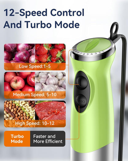 Immersion Blender Handheld 1000W 5 in 1 Corded Stick Hand Blender Kitchen with 12 Speed, BPA-Free