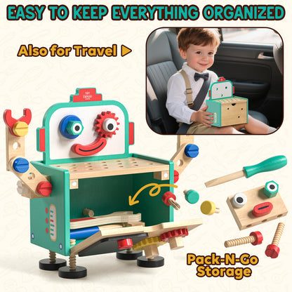 Lehoo Castle Kids Tool Set, Wooden Montessori Robot Tool Bench for Boys 3+