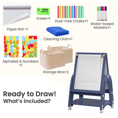 hoopyosms Art Easel for Kids 2-4 with Wheels, Whiteboard, Chalkboard & Paper Roll Adjustable Height