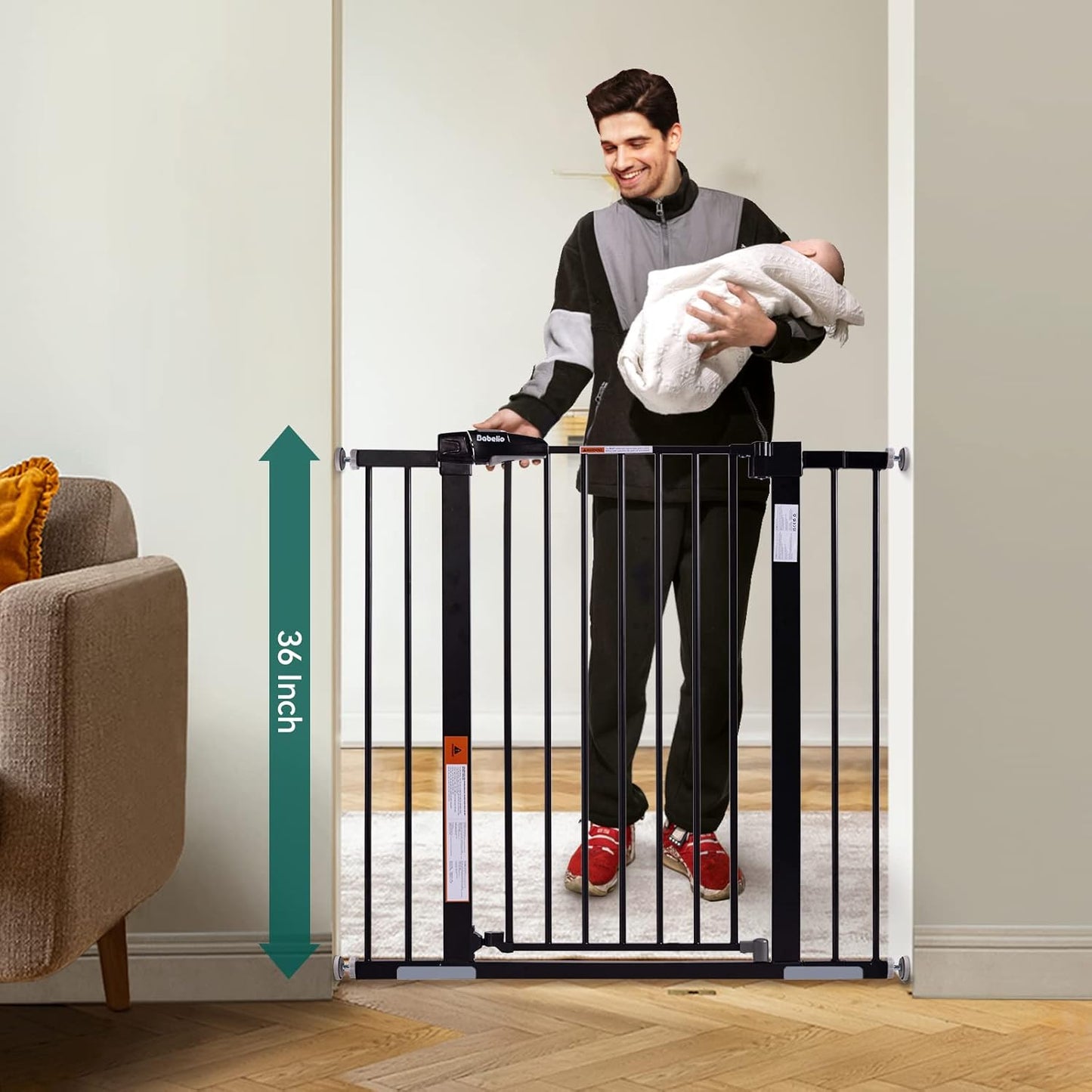BABELIO 36" Tall Baby Gate, 26-40" Wide Auto Close Pet Gate, Pressure Mounted Metal Dog Gate