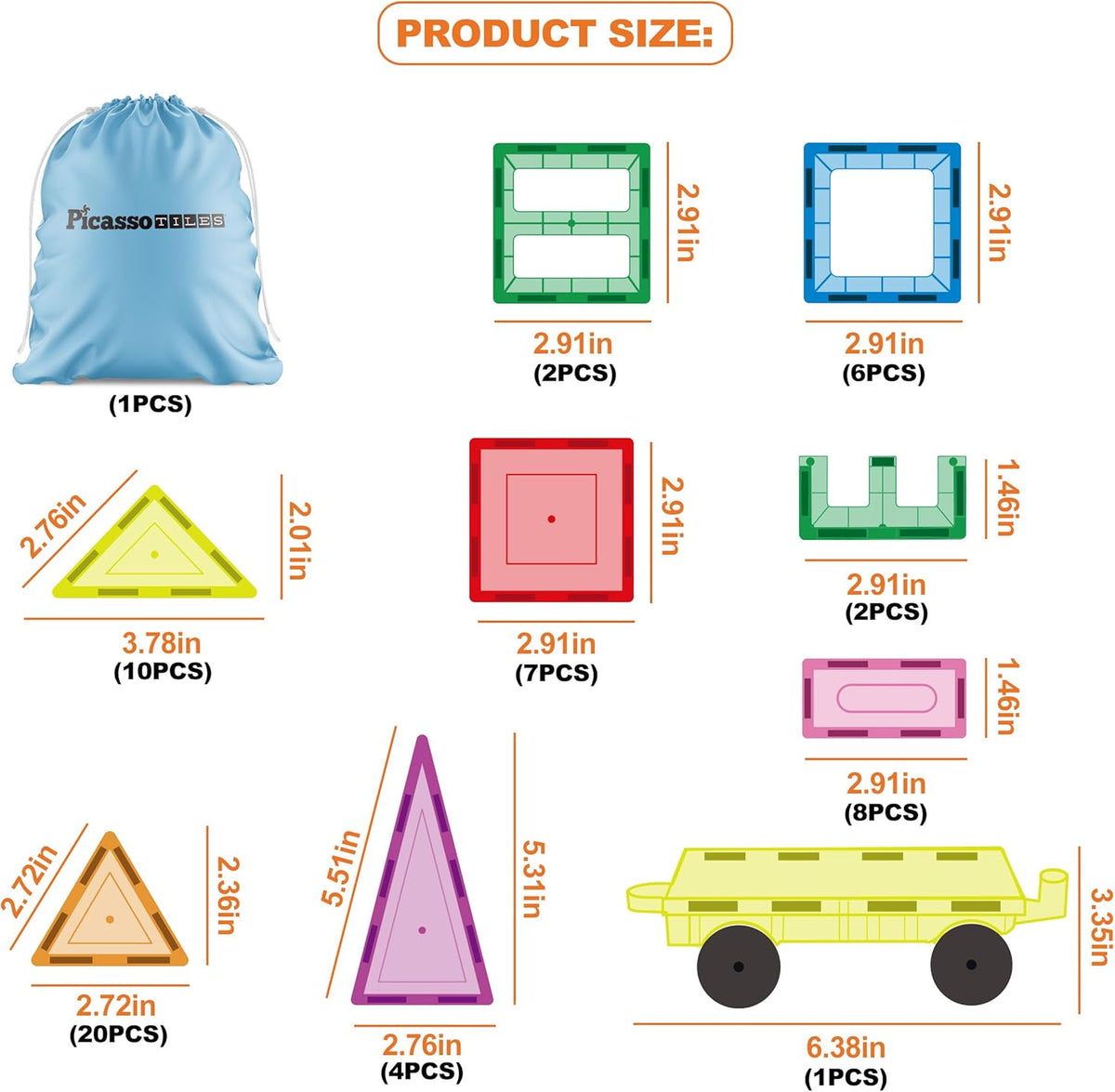 PicassoTiles Magnet Tile Building Blocks with Car Base Drawstring Storage Travel Bag Carry Case