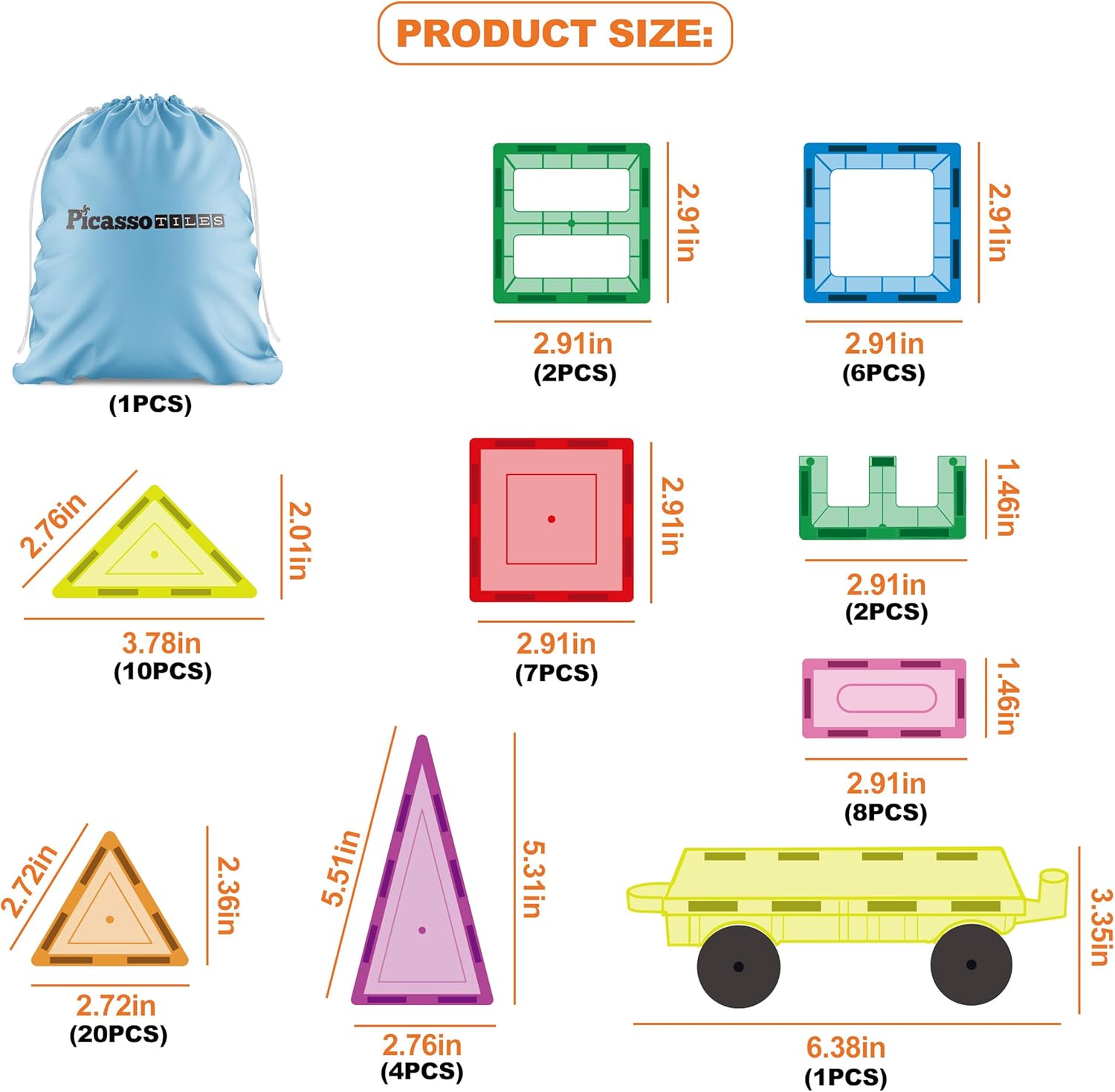 PicassoTiles Magnet Tile Building Blocks with Car Base Drawstring Storage Travel Bag Carry Case