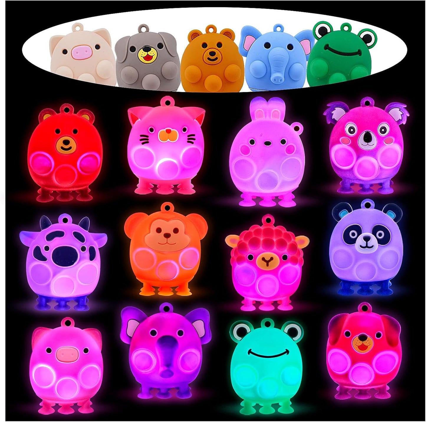 Light Up Animal Pop Fidget Toys, 12 PCS Silicone Suction Toys, Glow Party Favors for Kids, Goodie